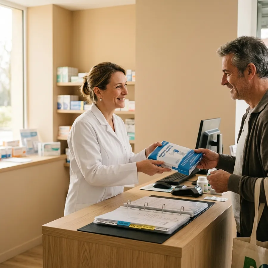 Pharmacienne remettant un document à un patient au comptoir