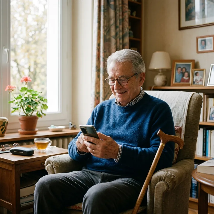 Patient souriant consultant son SMS sur smartphone