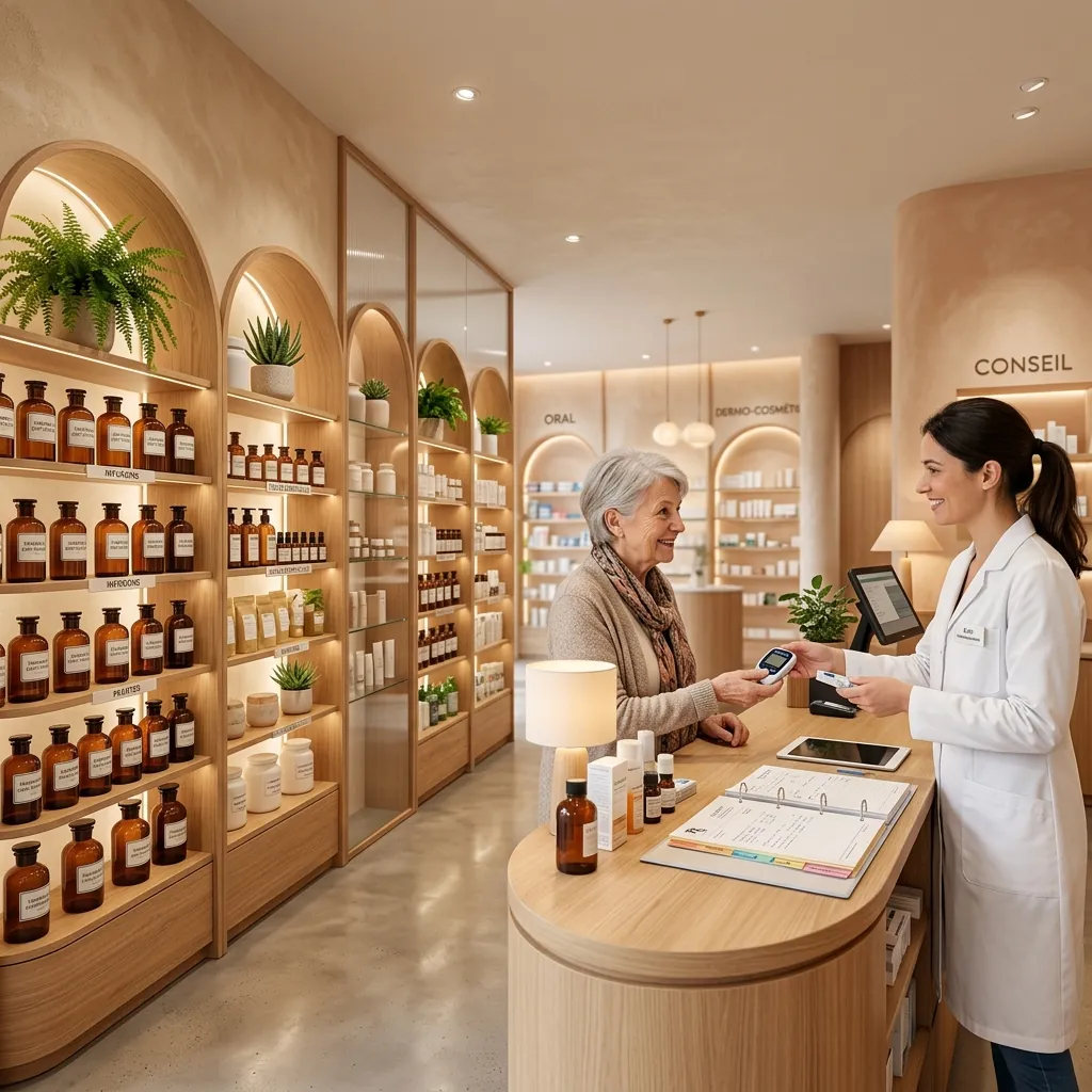 Officine de pharmacie chaleureuse et moderne