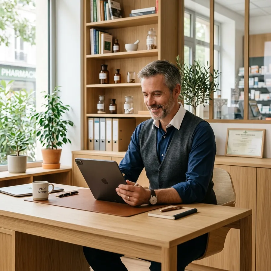 Pharmacien titulaire consultant son tableau de bord sur tablette