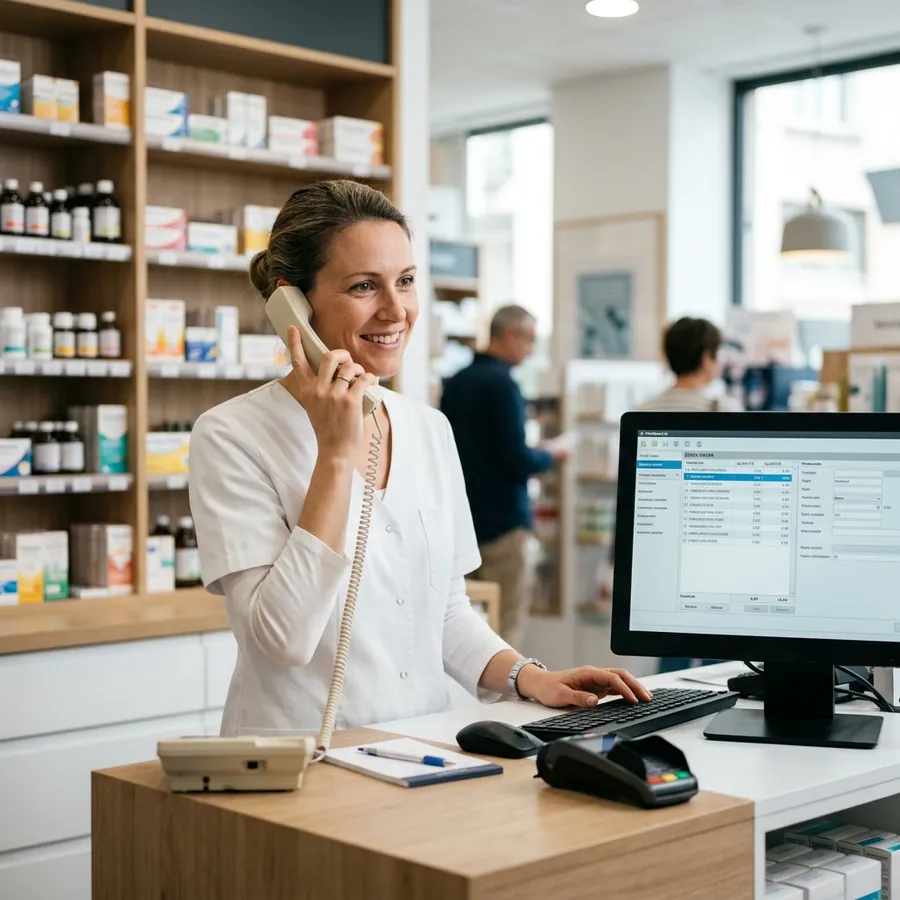 Préparatrice au comptoir d'officine passant une commande