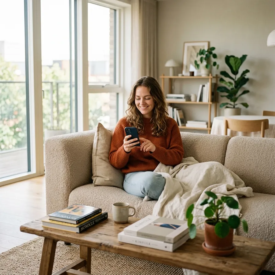Patient souriant consultant son SMS sur smartphone